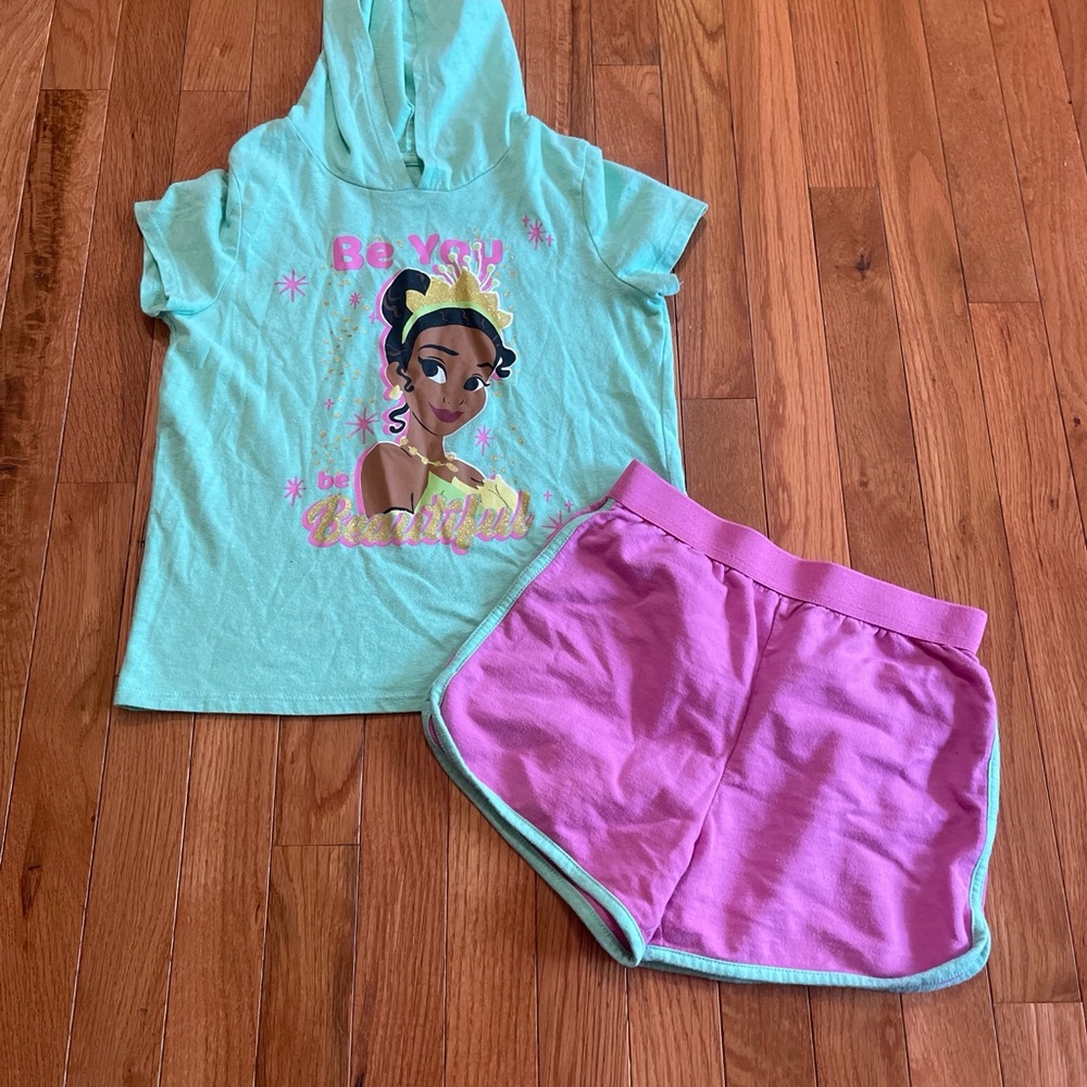 Mint Green Princess Hoodie and Pink Shorts Set Tiana